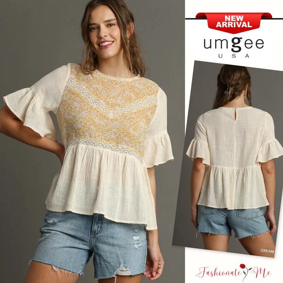 Umgee Floral Print Lace Trim Detail Ruffle Half Sleeves Babydoll Blouse | Cream - Picture 1 of 5